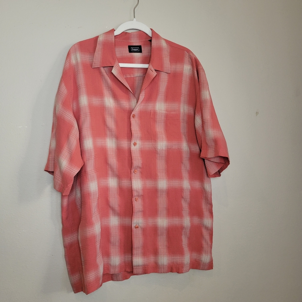 Haggar Coral Plaid Short Sleeved Button Up Shirt Size Large Tall